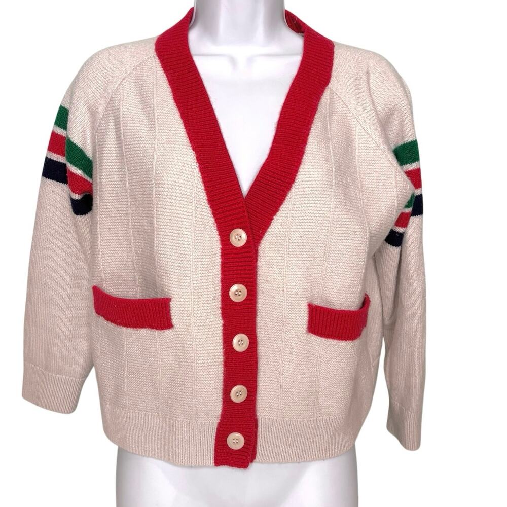 The Great. V Neck Wool Blend Red Stripe Sleeve Button Down Cardigan Sweater 1